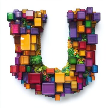 Playful vibrant 3D letter U made of stacked colorful translucent cubes with green foliage and glossy blocks on a clean white background