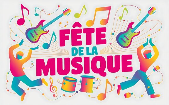 Vibrant music festival graphic, Fete de la Musique celebration, colorful illustration, music notes and instruments