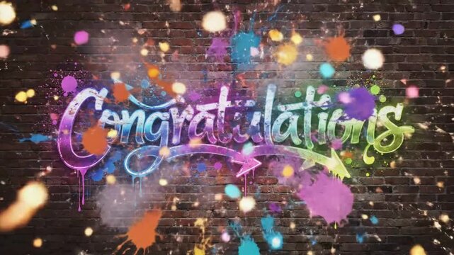 Urban graffiti congratulations text with colorful paint and sparkles