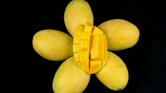 High angle view of a diced mango slice on five ripe mangoes rotating on a black background.