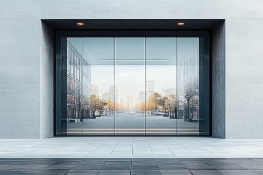 Minimal modern glass facade framing a quiet tree-lined urban boulevard and distant skyline, reflective surfaces and calm symmetrical atmosphere