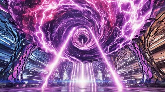 A vibrant purple portal glows brightly in a futuristic, neon-lit forest