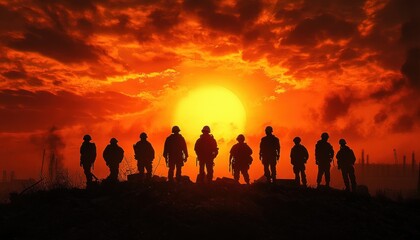Fototapeta premium Silhouetted soldiers standing on a ridge against a blazing orange sunset with dramatic clouds, smoke and distant industrial skyline, solemn and resolute mood