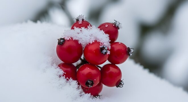 Bright red winter berries covered in fresh white snow on a branch, festive nature scene.