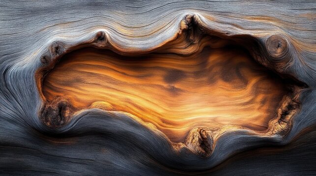 Glowing amber hollow in weathered knotted wood with smooth swirling gray grain, warm and tranquil organic textures