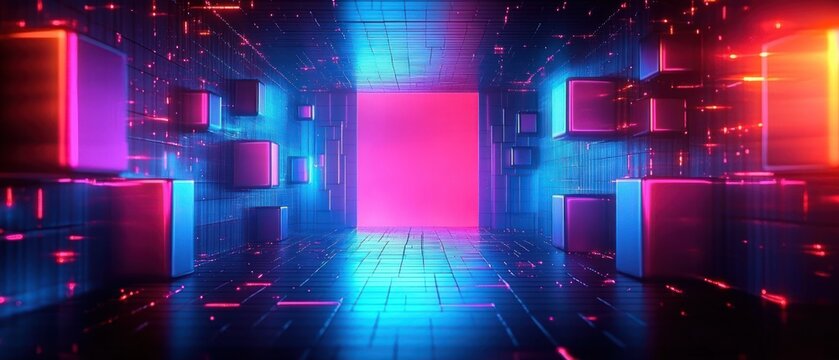 neon futuristic corridor with floating glowing cubes, tiled reflective floor and a radiant pink portal at the end, immersive and mysterious atmosphere