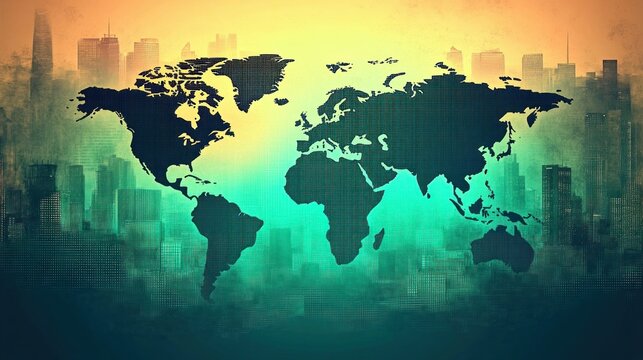 glowing world map silhouette over a modern city skyline with digital dot texture, teal and golden gradient conveying global connection and optimistic futuristic mood