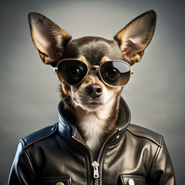 Dog Wearing Sunglasses and Leather Jacket