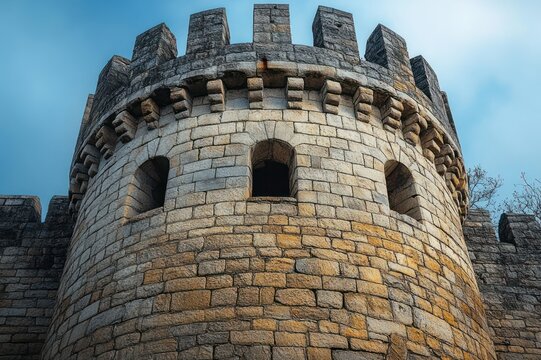 stone castle tower with crenellated battlements and narrow arched windows against a blue sky, imposing and majestic