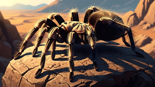 A large tarantula spider resting on a sunlit rock in a vast, arid desert landscape with mountains in the background.