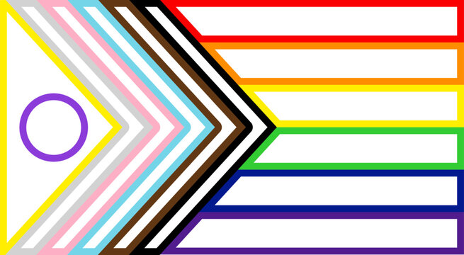 Outlined progress pride flag design, creative modern graphic, symbolic representation of intersectional LGBTQ equality and community
