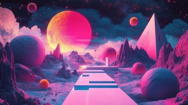 Dreamy neon alien landscape with a glowing giant planet, floating spheres, sharp rocky peaks, pyramids, and a reflective geometric pathway leading into a surreal starry sky