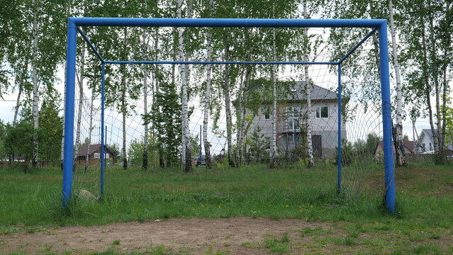 Blue metal soccer goal with net on grassy, patchy dirt field by birch trees and modest houses in a quiet rural village, summer scene for local play and recreation