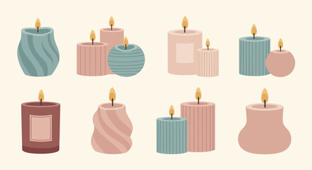 Collection of various decorative scented candles with burning flames. © art.Co