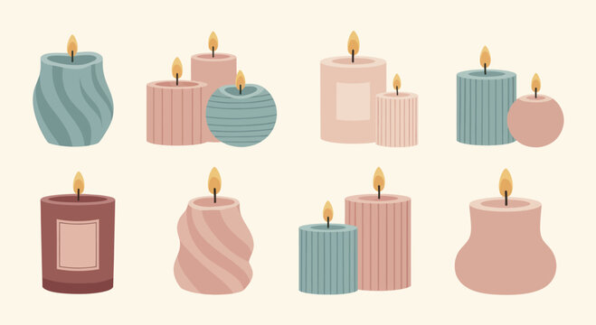 Collection of various decorative scented candles with burning flames.