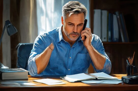 man in blue shirt sitting at wooden desk with open notebook, papers, books and lamp, holding phone to ear while rubbing his neck, appearing tired and stressed in a sunlit home office