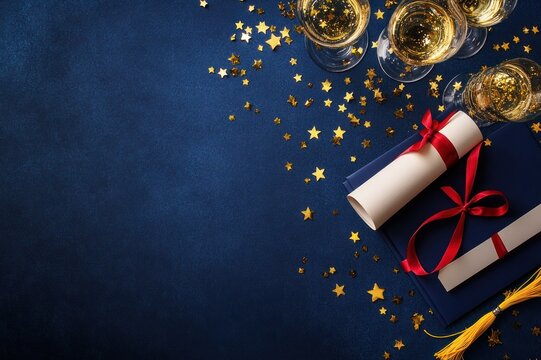 rolled diplomas tied with red ribbons beside a navy graduation cap with gold tassel, scattered gold star confetti and champagne glasses on dark blue background conveying festive proud celebration