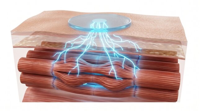 3D Microscopic Illustration of Electrical Muscle Stimulation (EMS) Therapy