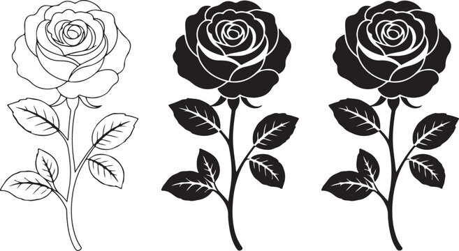 rose floral icon set black white outline filled designs for craft