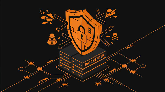 Isometric data center protection vector illustration with security shield lock and hacker attack concept