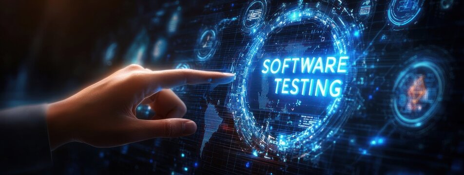 Human hand pointing at glowing holographic software testing interface with circular HUD, digital world map and blue futuristic data visuals conveying focus and precision