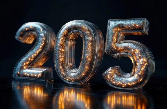 glowing transparent glass numerals 205 filled with warm golden fairy lights and glitter on a reflective dark surface, festive magical and elegant mood