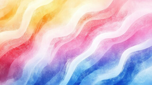 Soft pastel wavy ribbons and textured gradient blending warm yellows, pinks, purples and cool blues, evoking a dreamy calm and gentle flowing motion