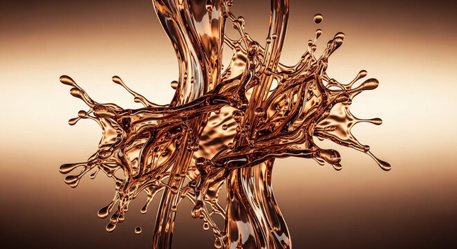 Modern sustainable bio plastic splash sculpture with warm brown tones and glossy reflections for premium corporate advertising