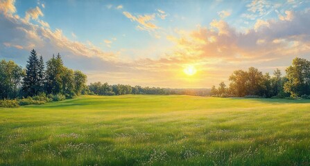 Naklejka premium golden sunrise over a wide grassy meadow with wildflowers, distant treeline and glowing clouds, evoking calm and peaceful tranquility