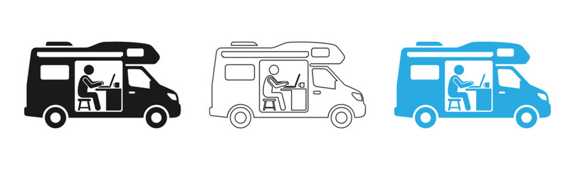 Fototapeta premium Rv workspace icon set black outline and blue versions of camper van with remote worker