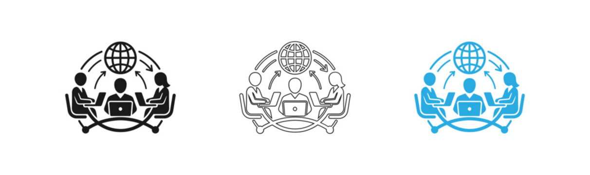 Global collaboration icon set black line and blue fill styles for international business concepts