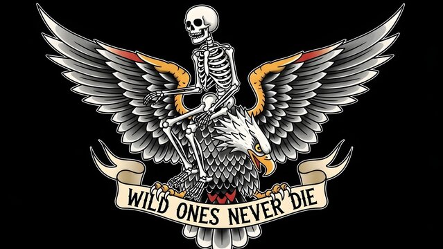 A detailed illustration of a skeleton riding a majestic eagle with spread wings, featuring a banner that reads "WILD ONES NEVER DIE" in a vintage tattoo style.