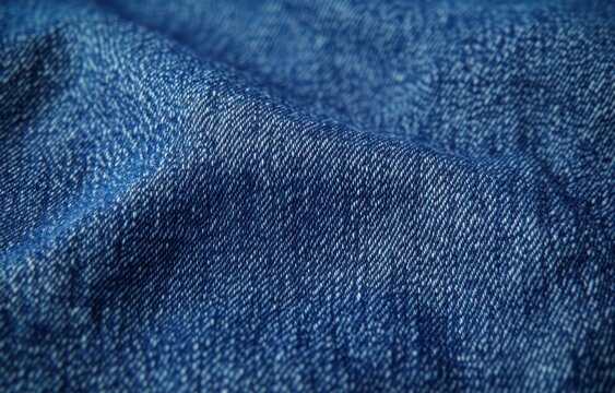 Close-up of blue denim fabric showing twill weave and soft folds, detailed texture evoking casual comfort