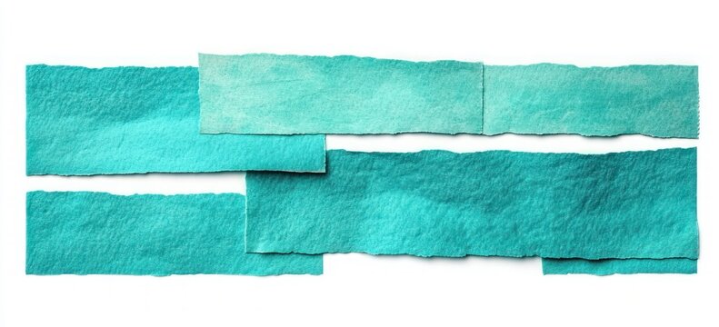 overlapping torn teal and turquoise paper strips on white background, textured minimalist collage conveying calm and serene abstract composition