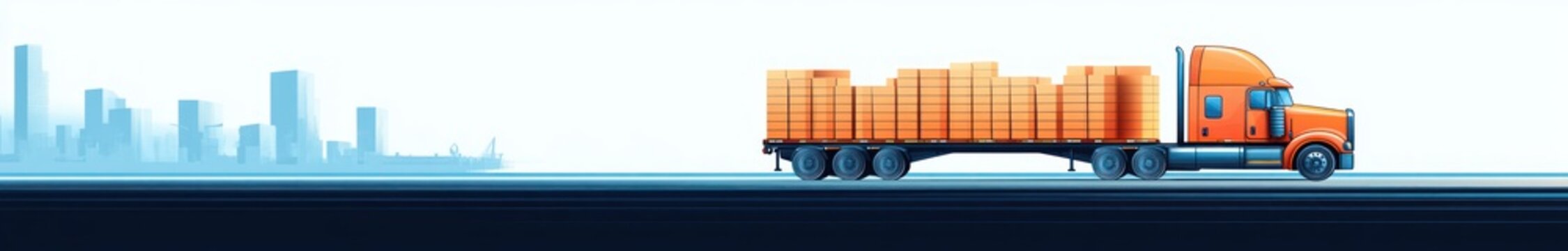 orange semi truck hauling stacked cardboard boxes on a long flatbed trailer along a highway with a distant blue city skyline and calm pale sky conveying motion and efficiency