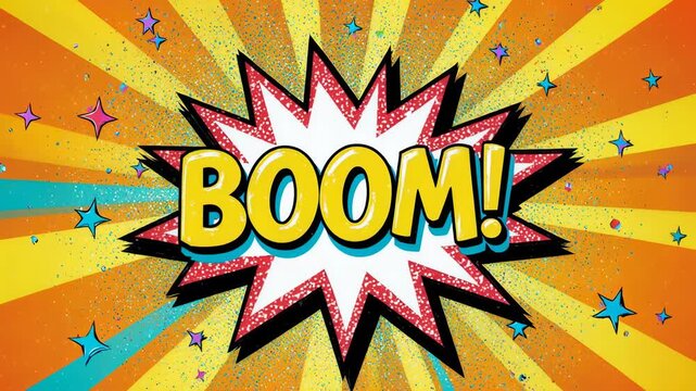 Comic Book Boom Sound Effect Bubble on Sunburst Background