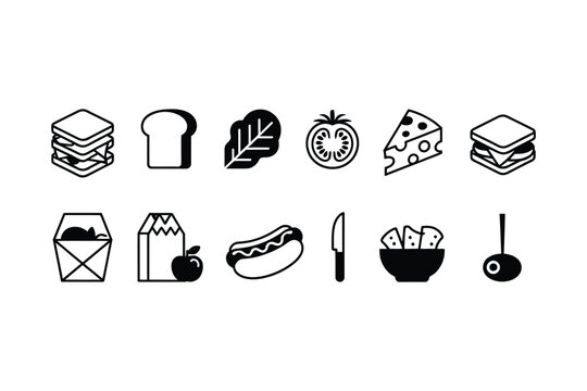 Black and white food icons representing lunch items sandwich bread cheese lettuce tomato and takeout containers minimalist vector graphic design