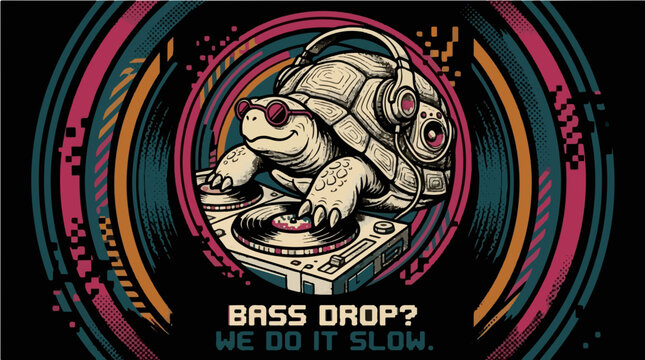 Funny Turtle DJ Vinyl Record Turntable Illustration - Bass Drop We Do It Slow Sarcastic Music Meme Graphic