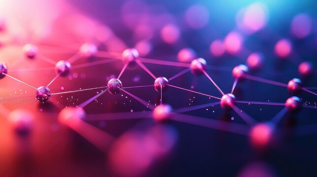 glowing network of interconnected spheres and fine lines in vibrant neon pink purple and blue, futuristic and dynamic abstract scene