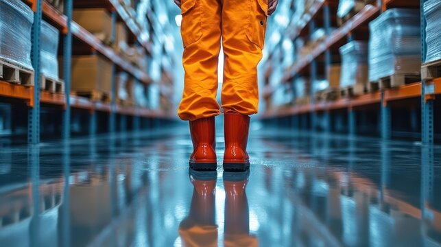 Worker in orange pants and rubber boots standing in a reflective warehouse aisle between tall shelving and stacked pallets, calm focused industrial atmosphere