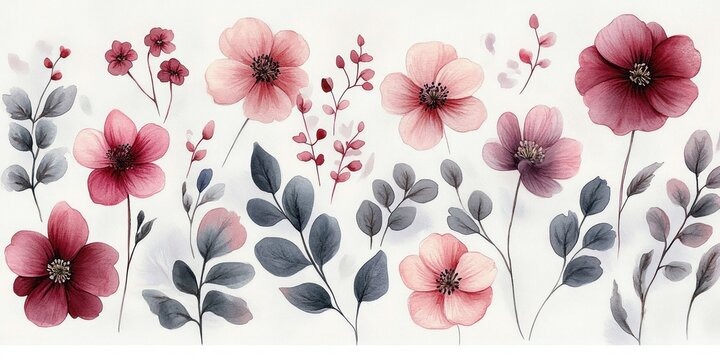 hand-painted watercolor pink and mauve blossoms with grey-blue leaves, slender stems and tiny buds in an airy botanical arrangement conveying calm romantic elegance