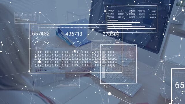 Woman typing and clicking mouse, causing HUD numeric UI and keyboard overlay updating for analysis