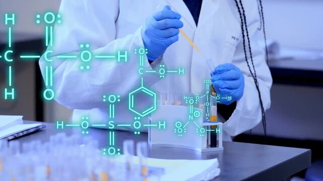 Camera pulling back, lab tech pipetting tubes at rack while teal molecules showing sample analysis