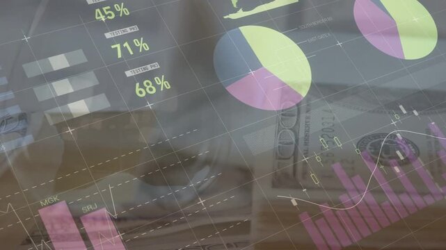 Semi-transparent finance UI appearing and updating values, showing trends over dollar bill, face