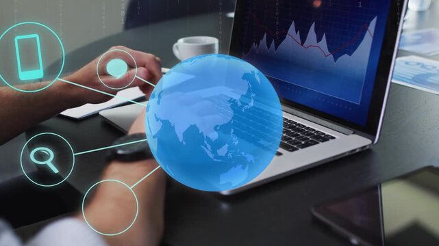Mature analyst typing and gesturing on laptop, forming 3D globe and linking finance icons to chart