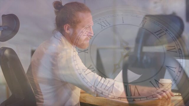 Red-haired man rubbing forehead then sorting business papers, clock graphic showing time pressure
