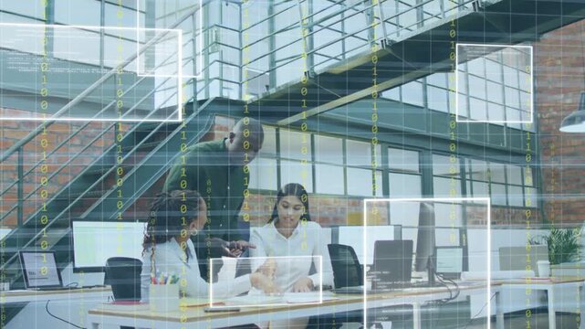 Three coworkers collaborating, man showing phone initiating HUD overlaying documents for business