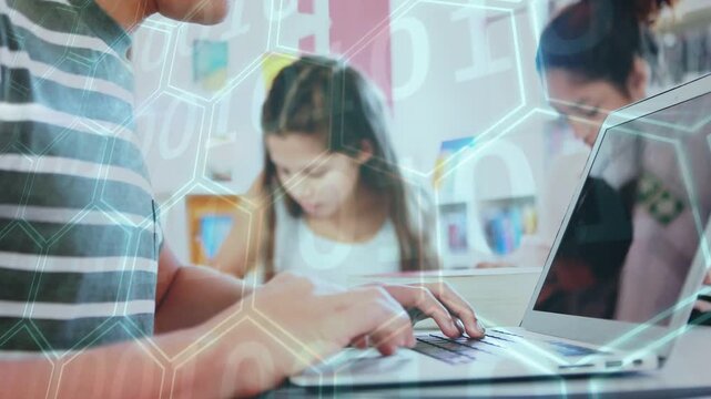 Clip opening student typing on laptop doing classwork, hex binary overlay covering hands and laptop