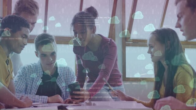 Female student showing smartphone, peers studying over notebooks, cloud icons and code overlaying