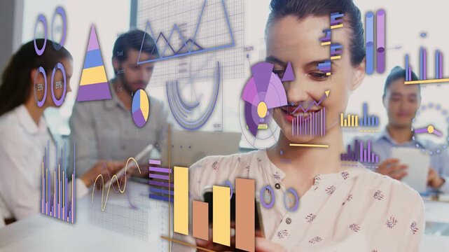 Female analyst tapping phone in business meeting animating charts around phone while reviewing data